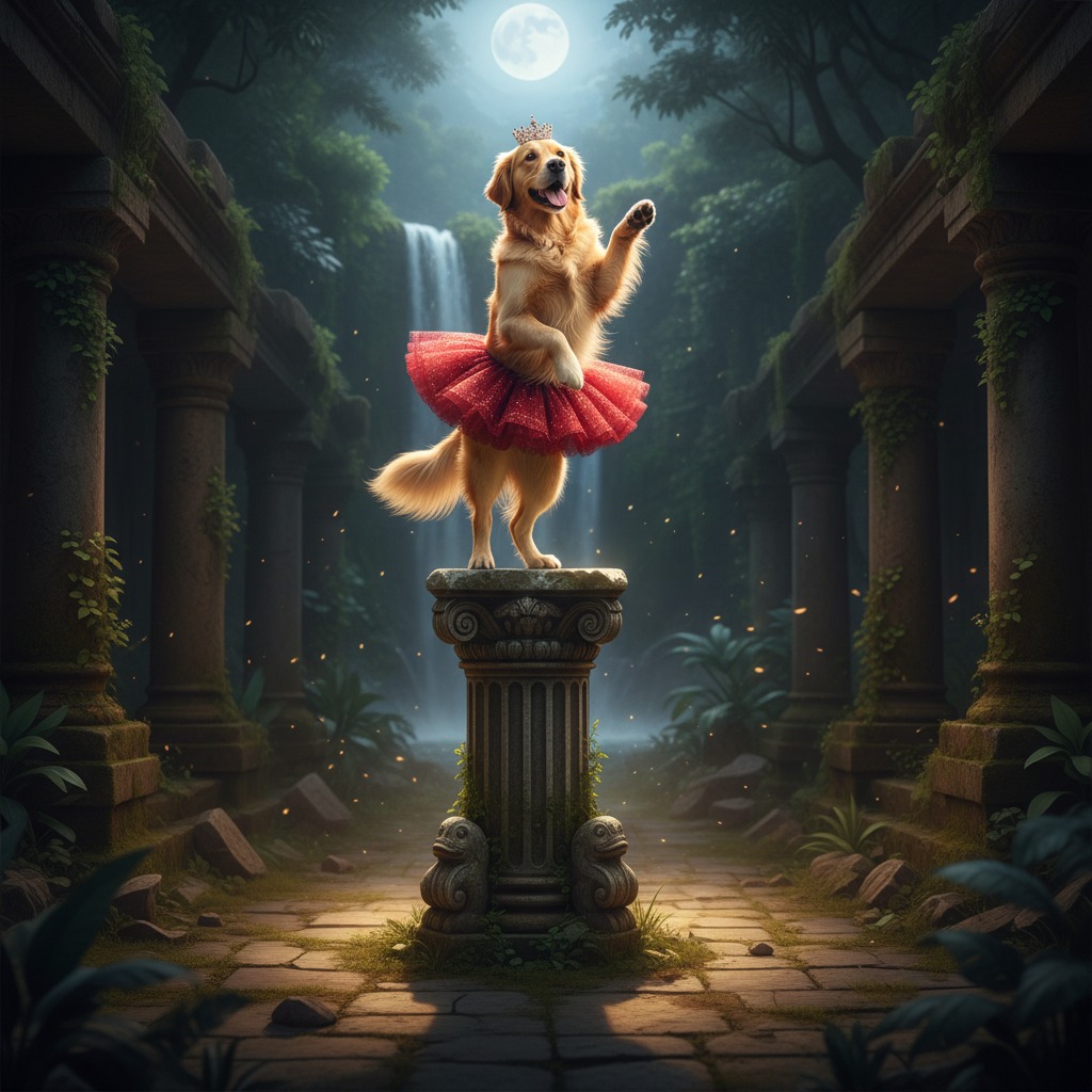 create an image of a dancing dog on a pillar